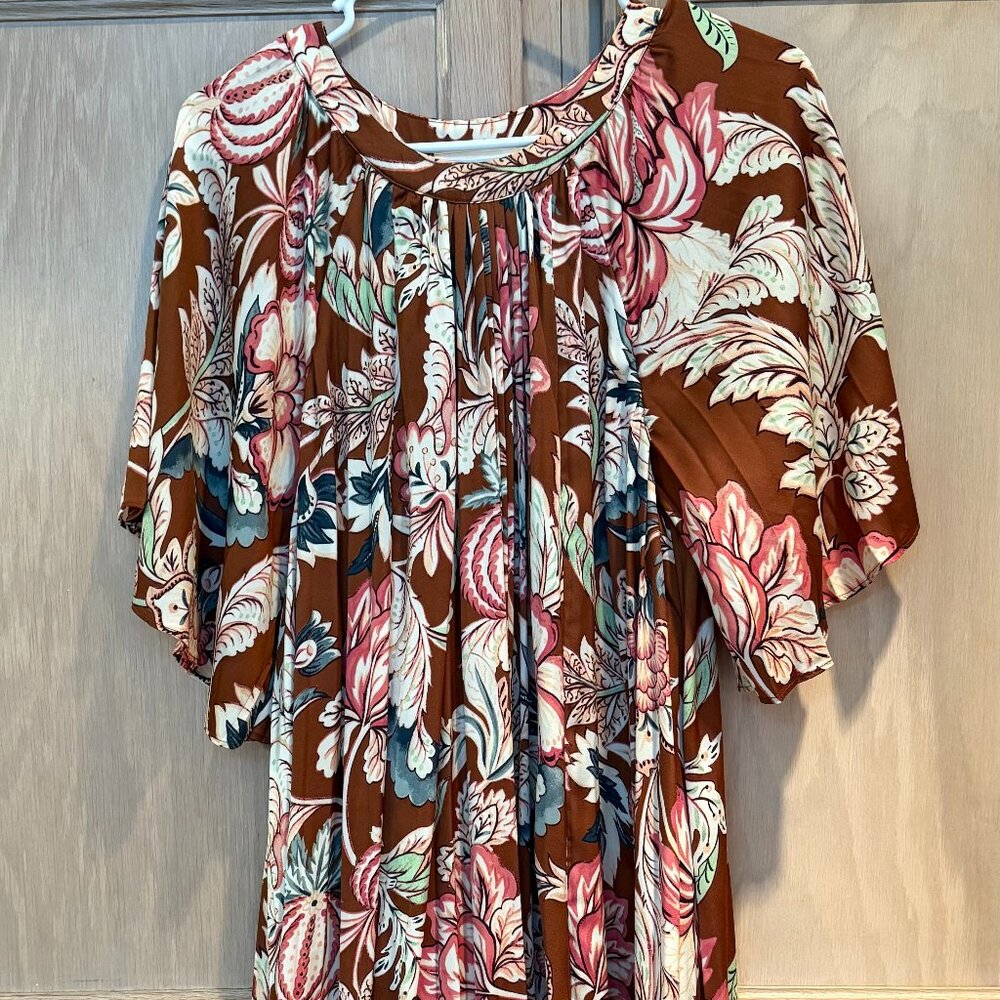 Anthropologie Brown Floral Flowy Silky Dress in XSP Soft and Lined